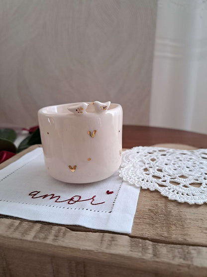 Pack Chávena 2 pássaros + base em linho amor