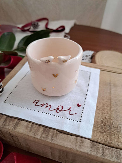Pack Chávena 2 pássaros + base em linho amor