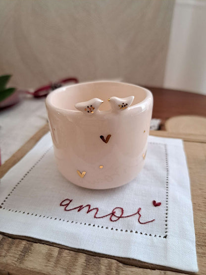 Pack Chávena 2 pássaros + base em linho amor