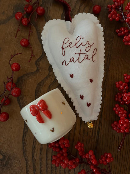 Pack - Pendente coração "Feliz Natal" + Chávena Laço Vermelho